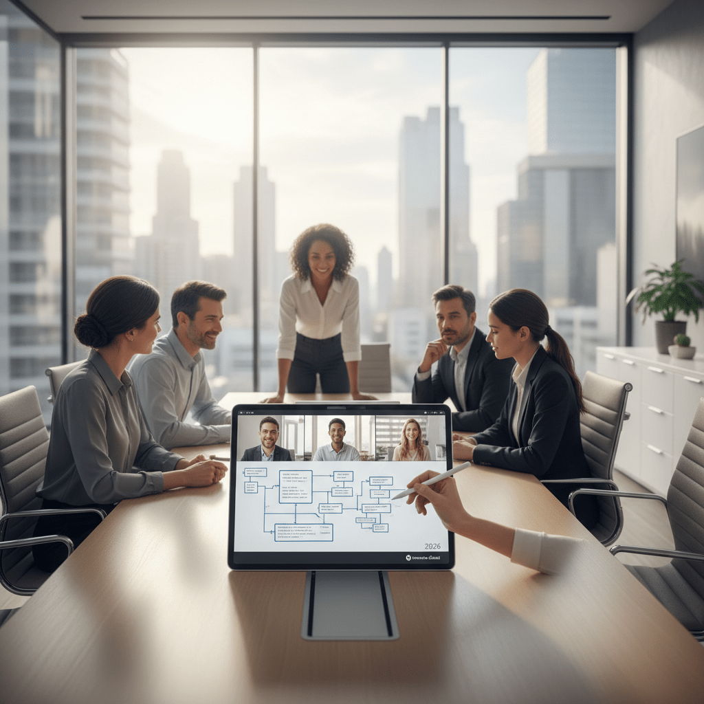Diverse team collaborating around a large tablet, drawing a project flowchart.