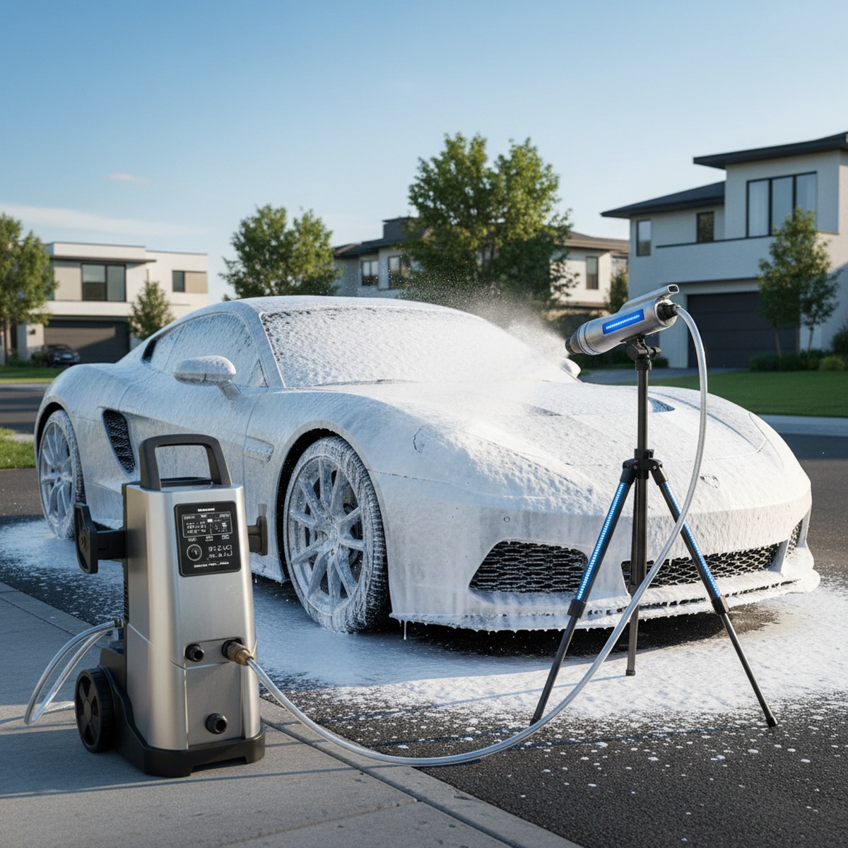 Sports car covered in dense white foam from a futuristic pressure washer and foam cannon.