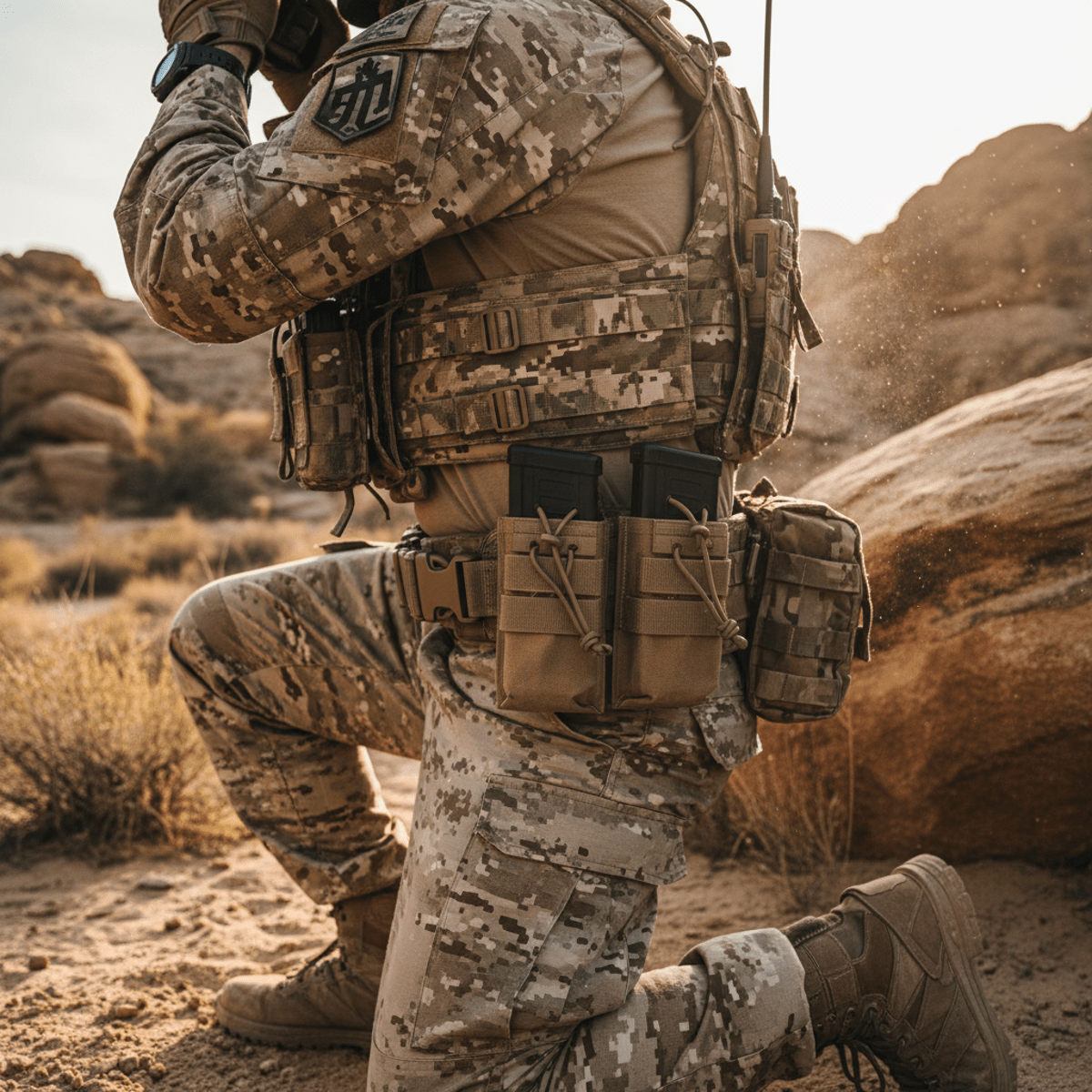 Airsoft player's tactical battle belt with extended pistol magazines in desert camouflage.