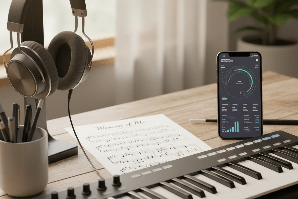 Close-up view of sheet music, headphones, and analytics on a desk lit by warm ambient light, representing innovation in artistry