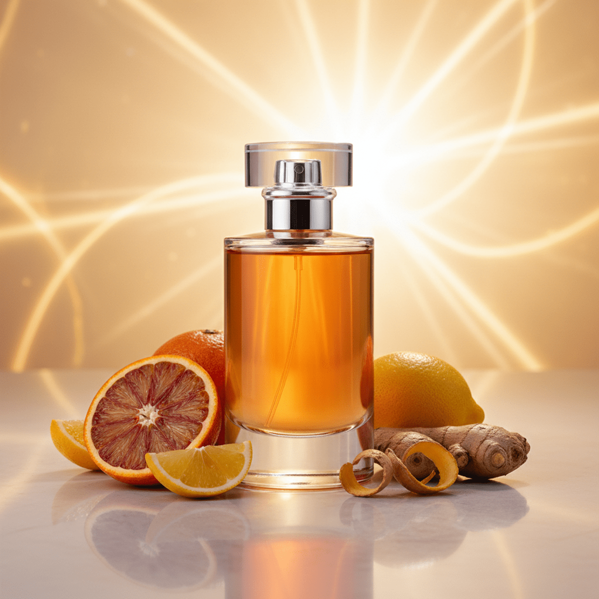 Minimalist cologne bottle with amber liquid, citrus, and ginger, bathed in sunlight.