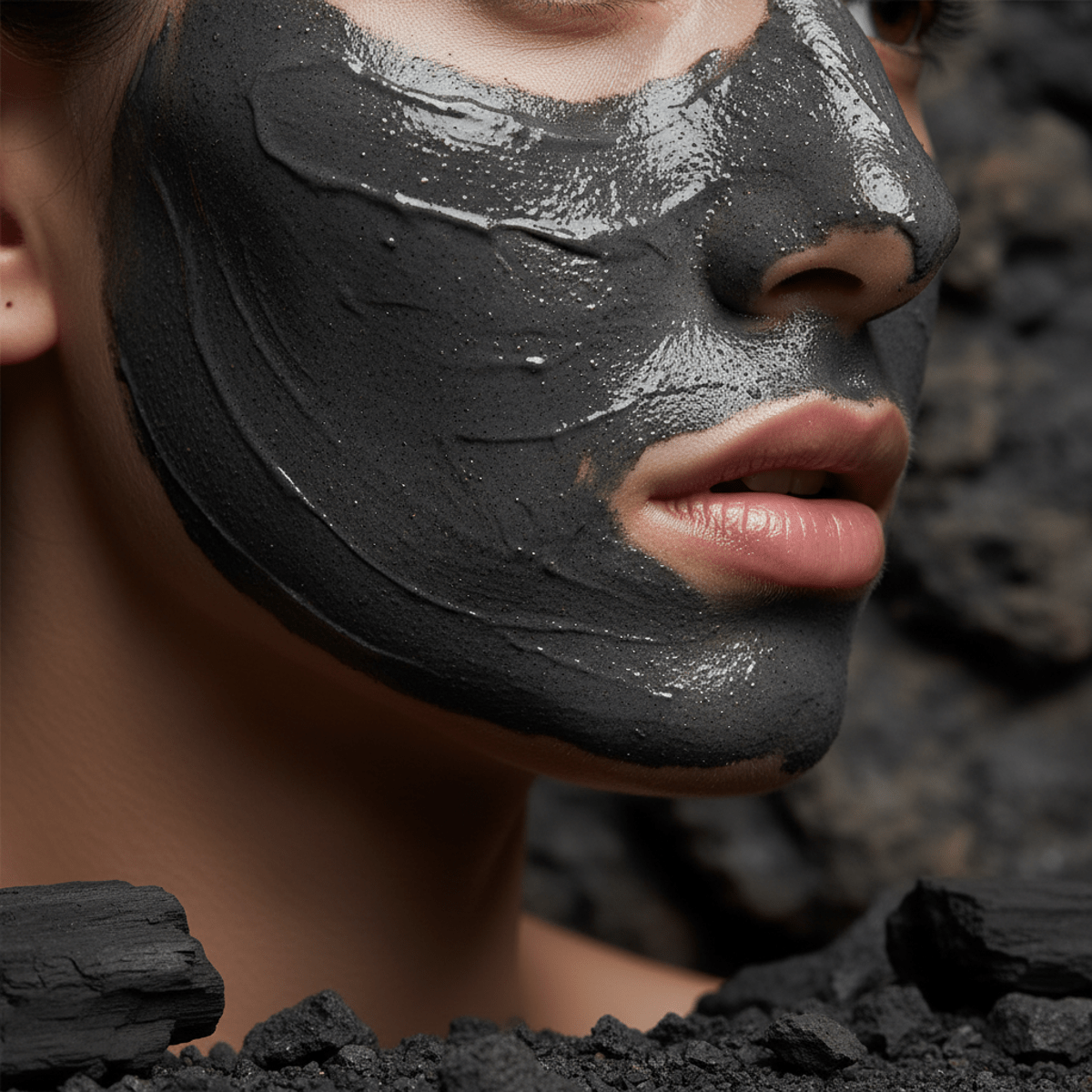 Close-up of charcoal face wash with gritty streaks on glowing skin.
