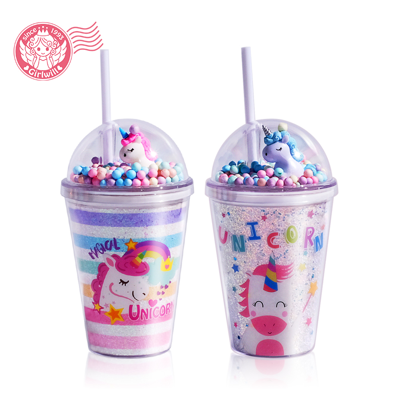 Girlwill Единорог пенные шарики крышки пластиковые стаканы с соломинкой Пользовательский логотип оптовая продажа кружки BPA БЕСПЛАТНО Экологичные бутылки для напитков