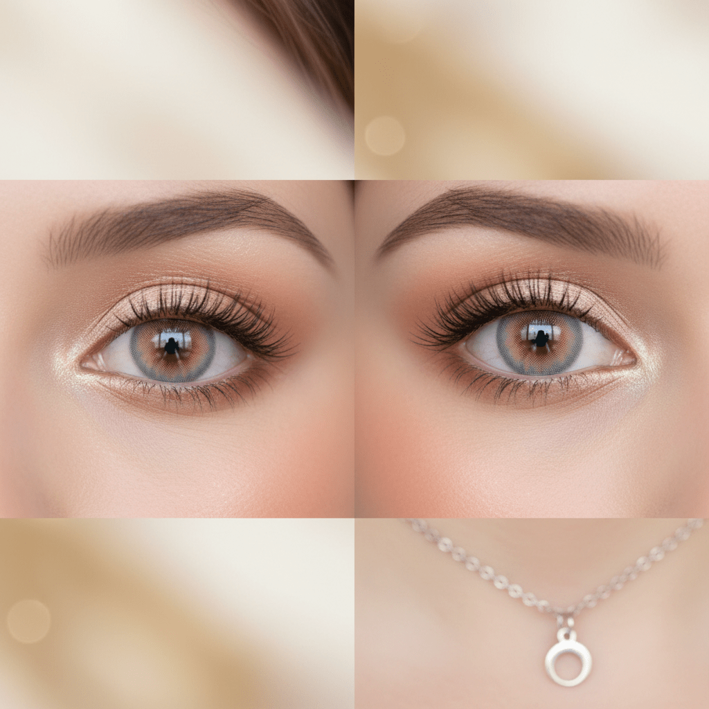 Close-up of eyes wearing blended pastel colored contacts with a translucent watercolor effect.