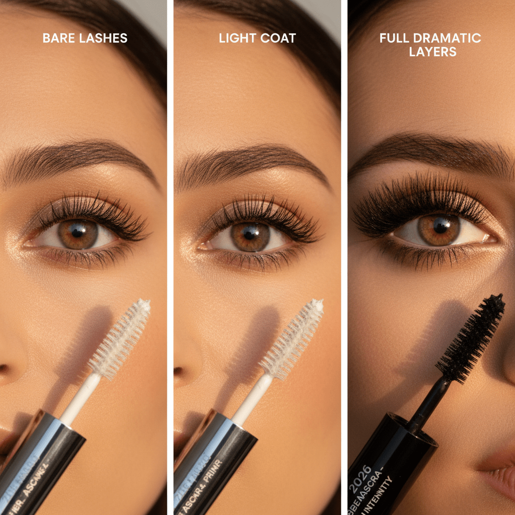 Model applies fiber mascara in stages for dramatic lash volume and intensity.
