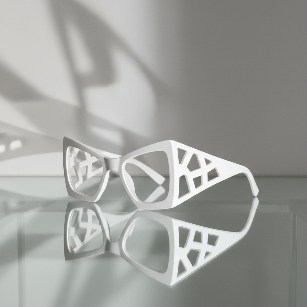 Trendy white glasses with asymmetrical architectural design casting dramatic shadows on glass.