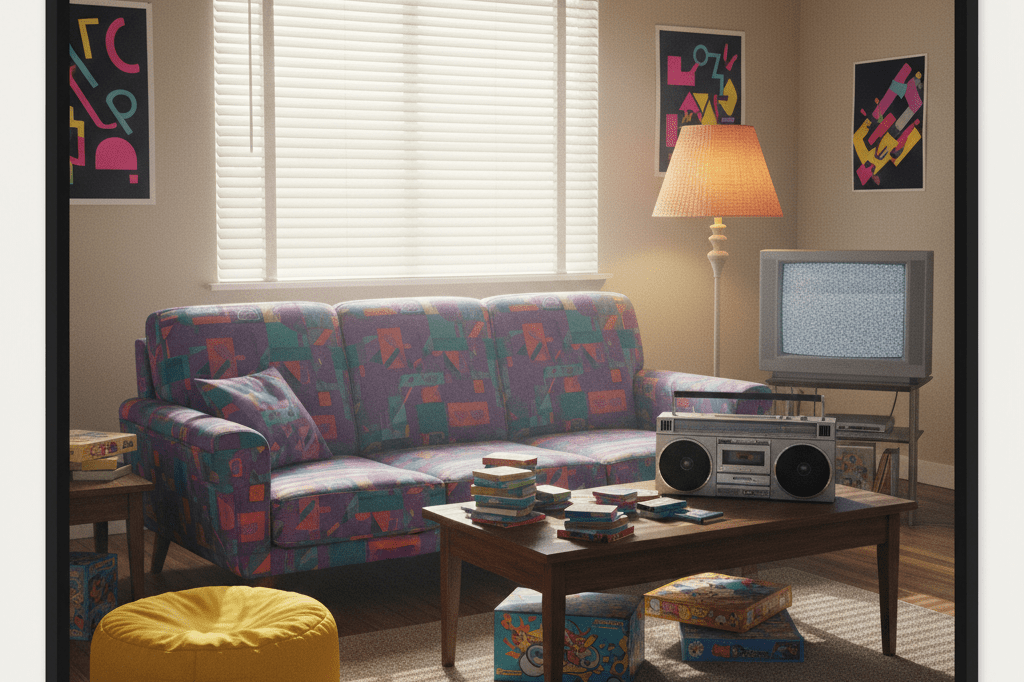 Stylized 90s living room evoking nostalgia-driven retail trends Vintage furniture and accessories in a 90s-inspired living room under natural and ambient light, highlighting cultural revival trends