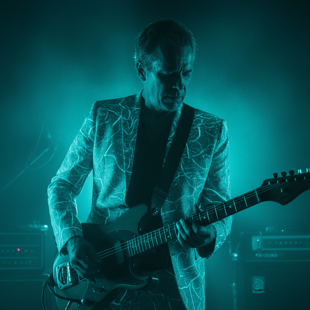 Blues musician in a glowing aqua suit on a dimly lit stage with an electric guitar.