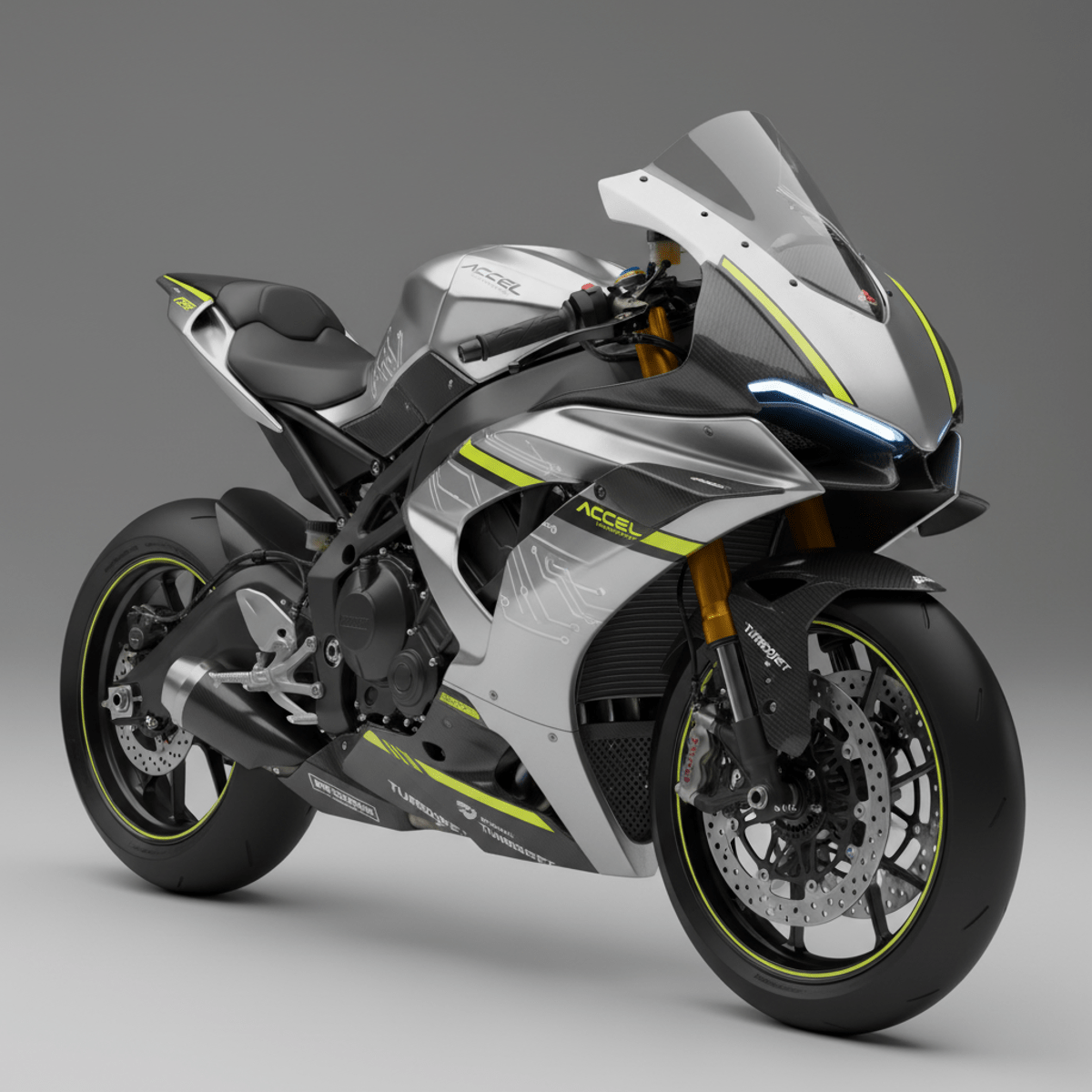 Close-up of a metallic silver and black sport bike with fluorescent yellow accents.
