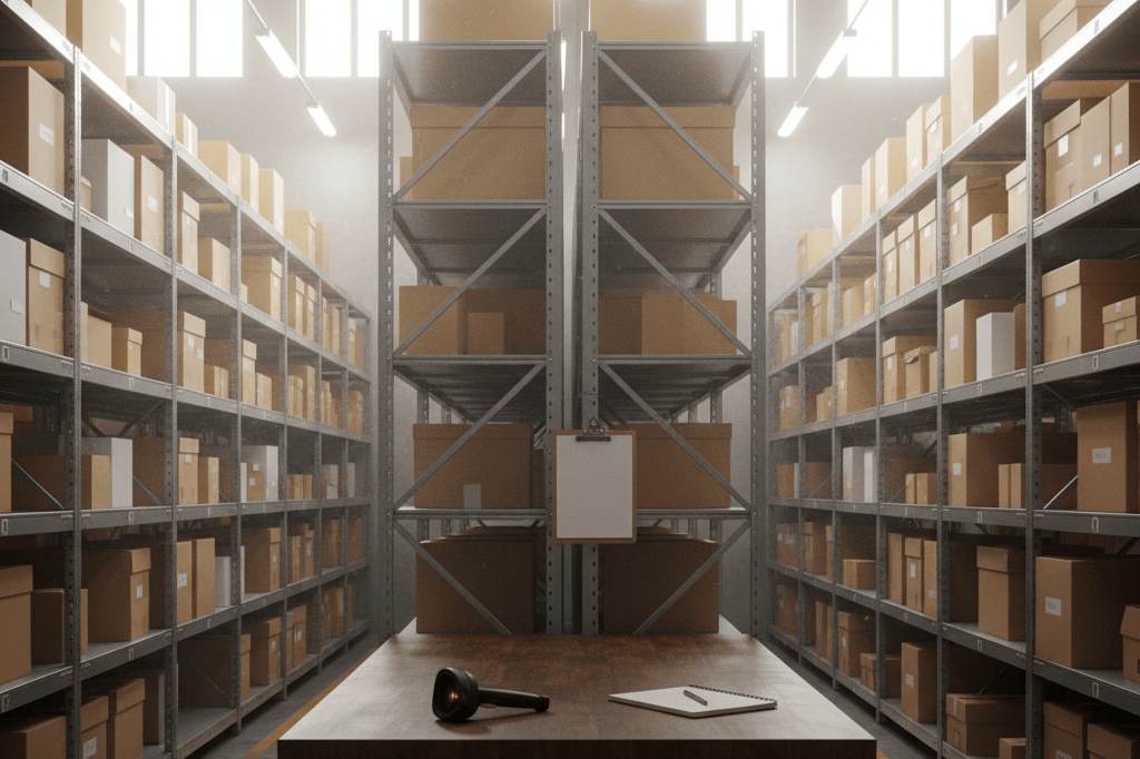 Shelves filled with unlabeled boxes and tools like barcode scanners under warm ambient light, highlighting supply chain optimization
