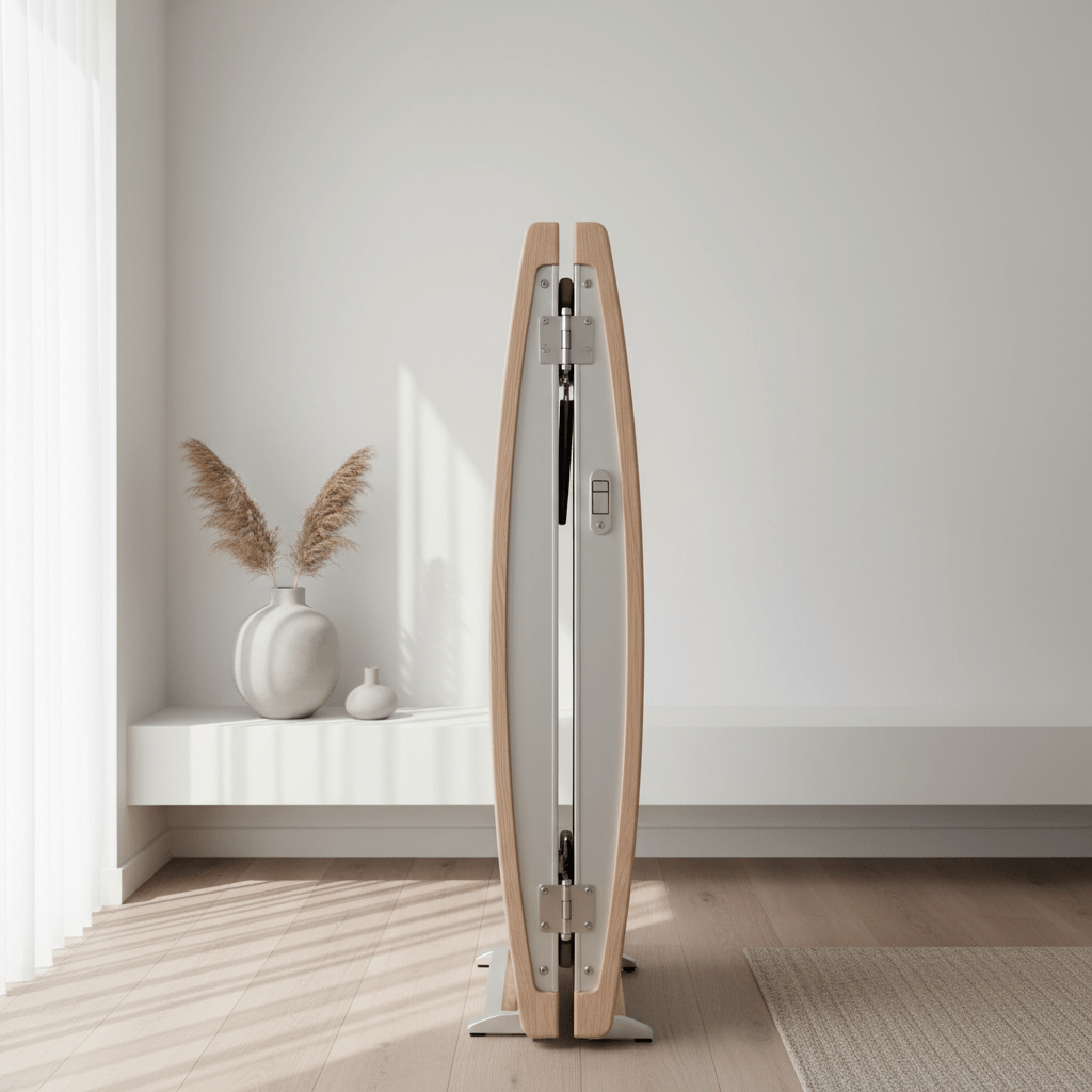 Ultra-compact pilates reformer folded vertically against a minimalist white wall.