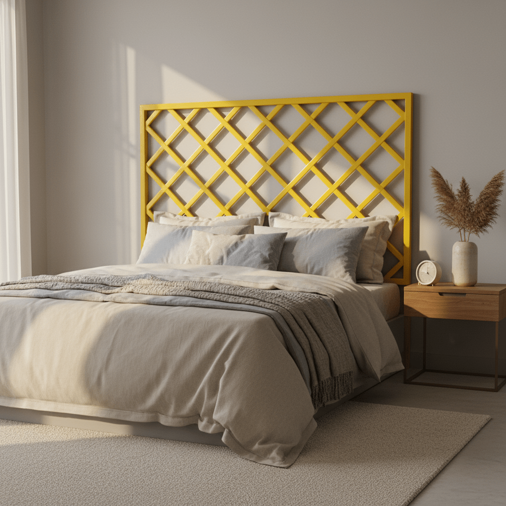 Vivid yellow lattice headboard in a contemporary bedroom with golden hour light.