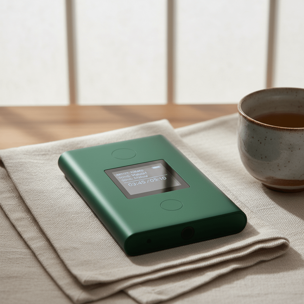 Zen MP3 player in deep forest green on linen beside a tea cup.
