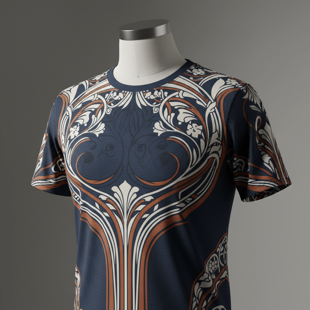 Mannequin displays a neo-Art Nouveau t-shirt with elegant nature motifs and metallic finishes.