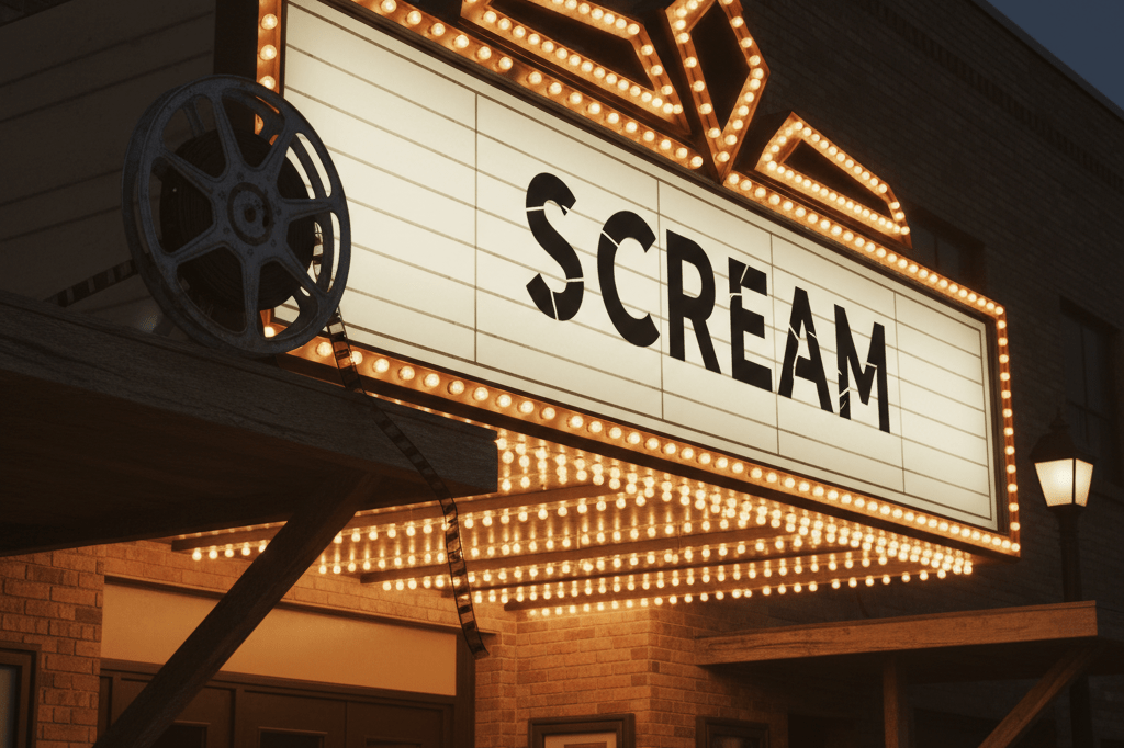 Vintage movie theater marquee with abstract Scream branding at twilight Medium shot of a warmly lit vintage theater marquee with stylized text and film reel, evoking nostalgic horror franchise energy