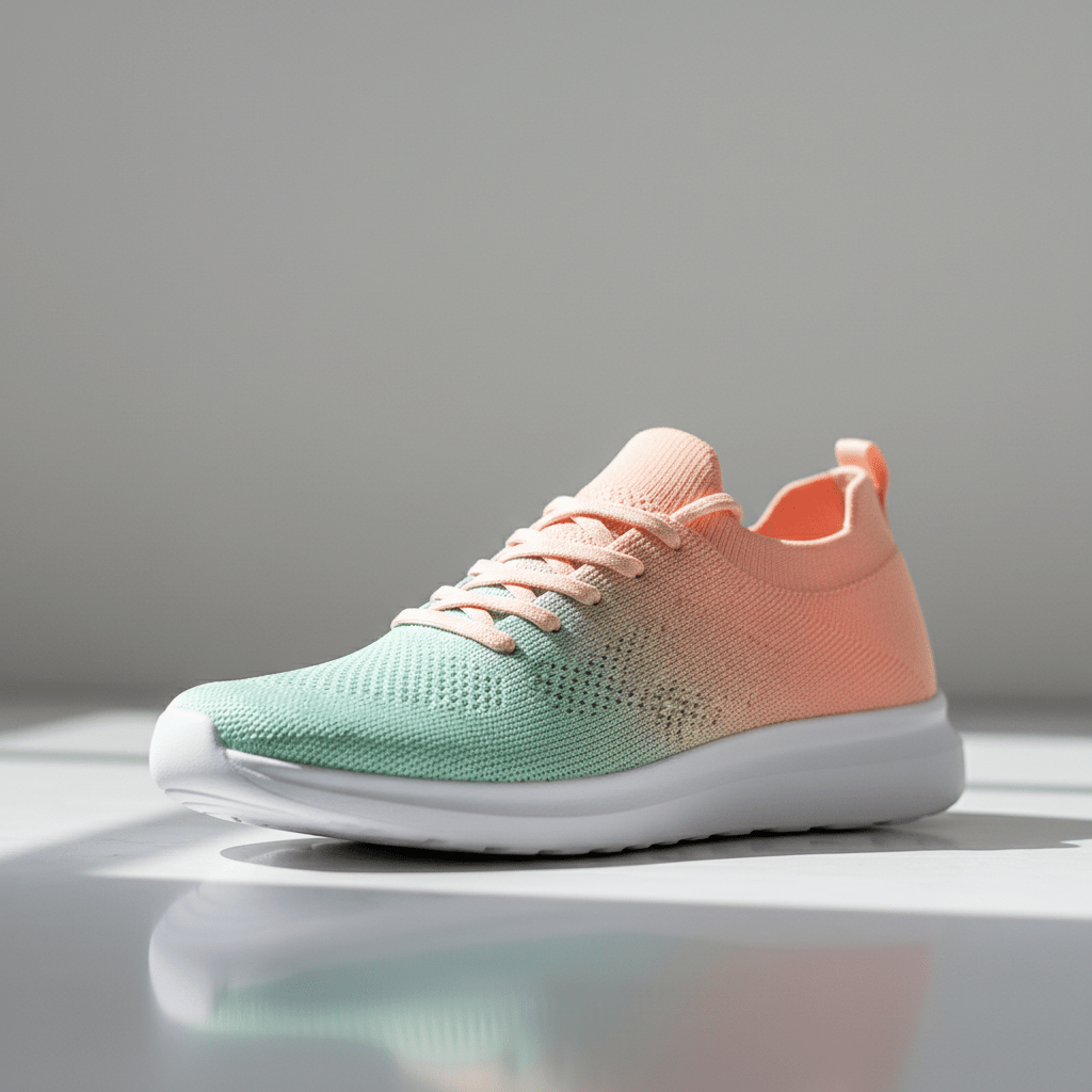 Minimalist pink and green sneakers with mint-to-peach ombré gradient knit upper.
