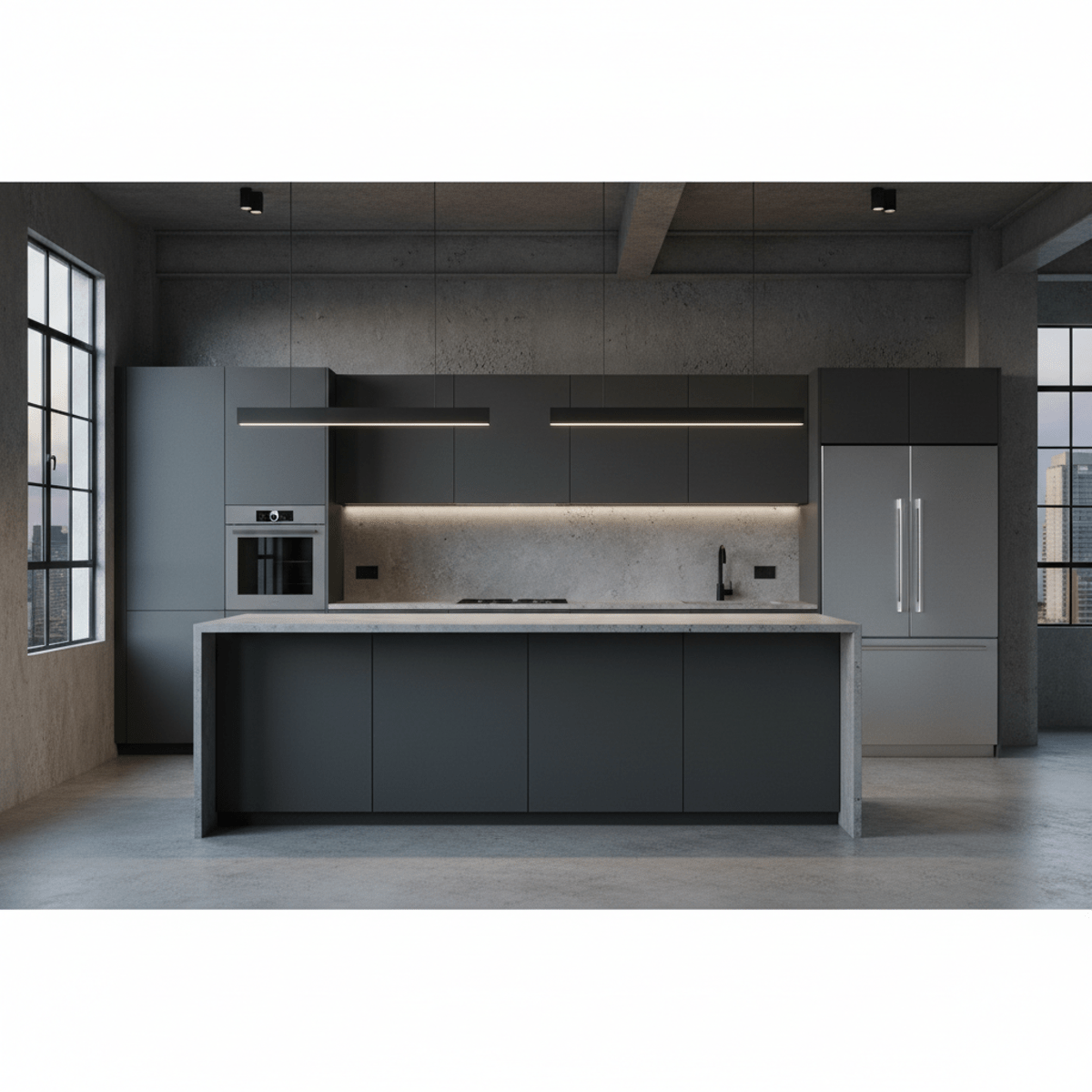 Monochrome urban loft kitchen with charcoal gray cabinets and concrete backsplash.