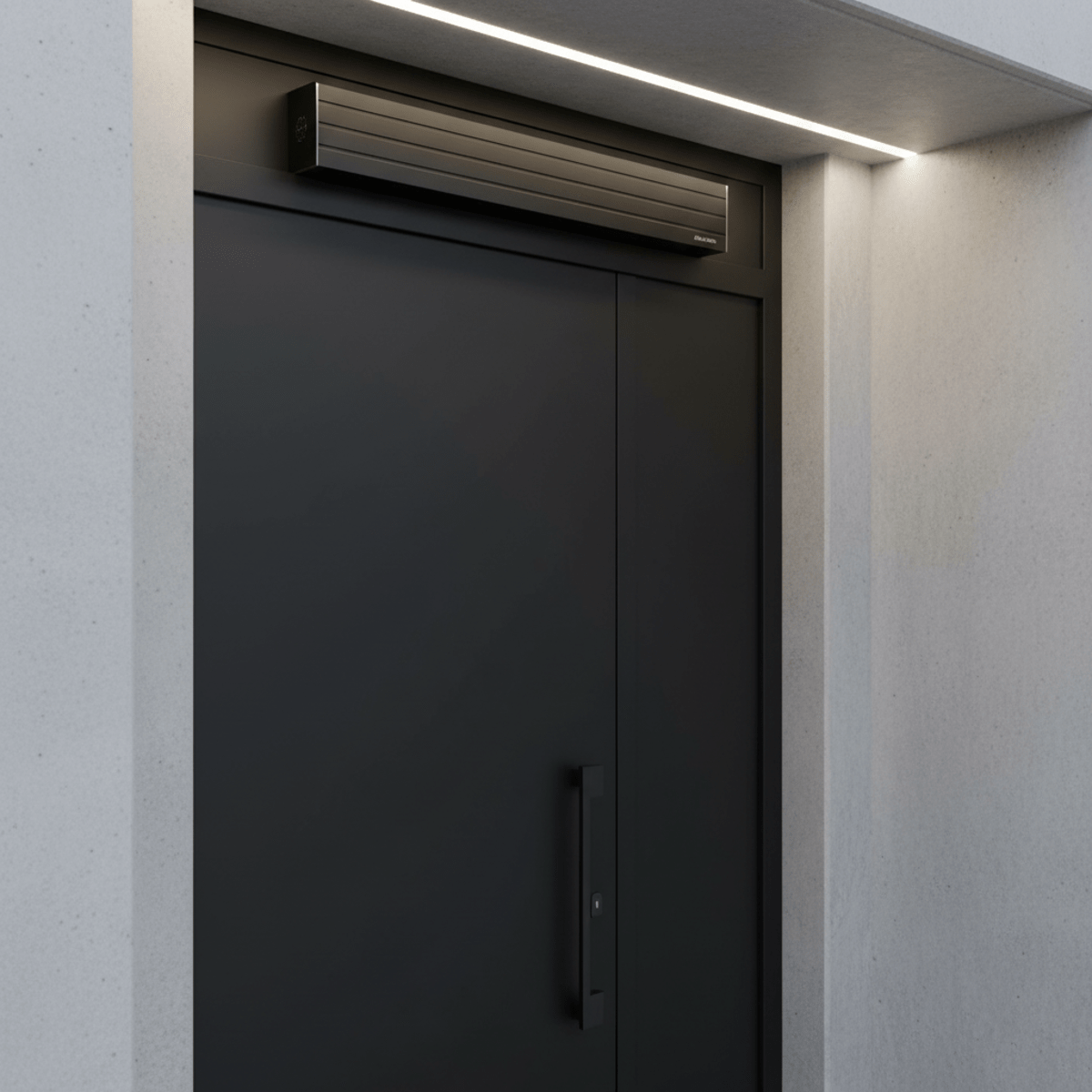 Sleek matte black auto door opener above a modern concrete home entrance.