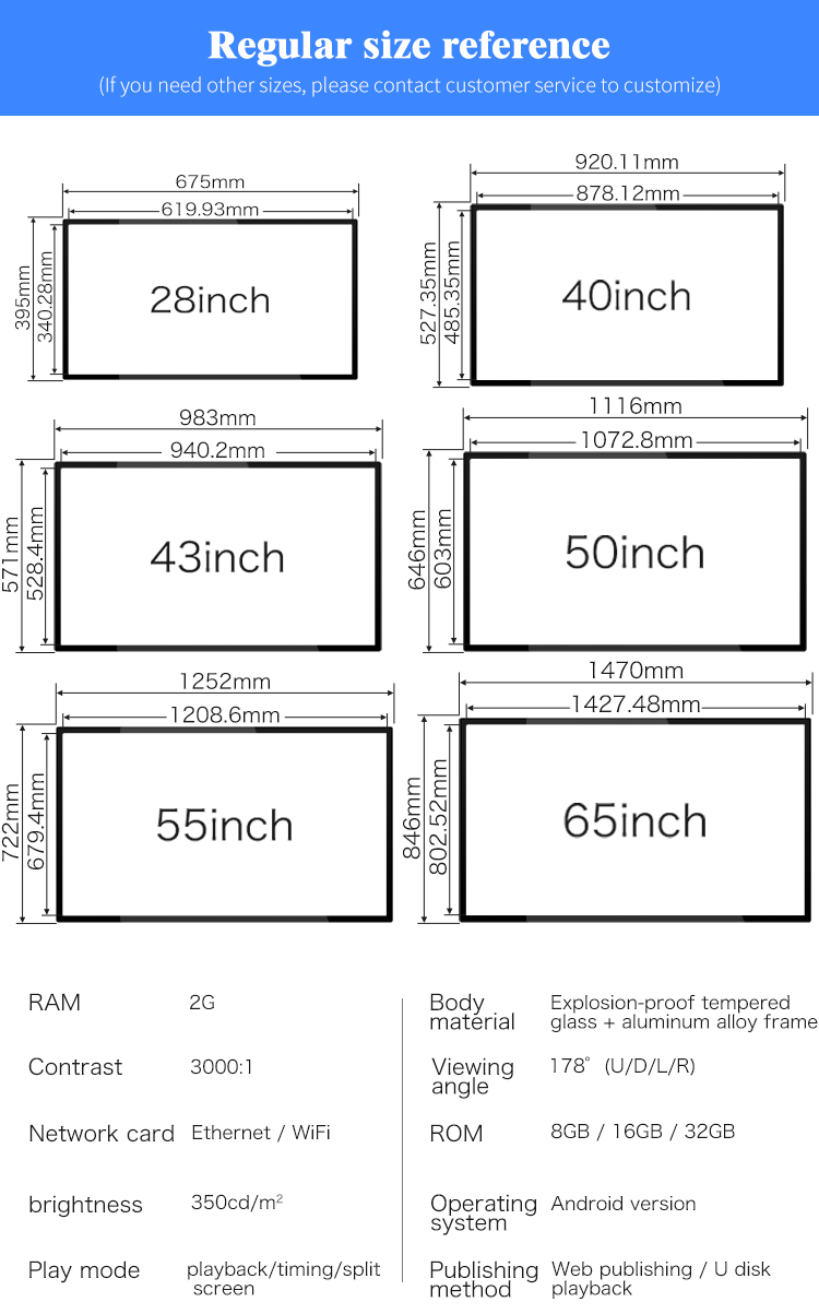 32-65 inch indoor lcd digital signage wall mount player full colour