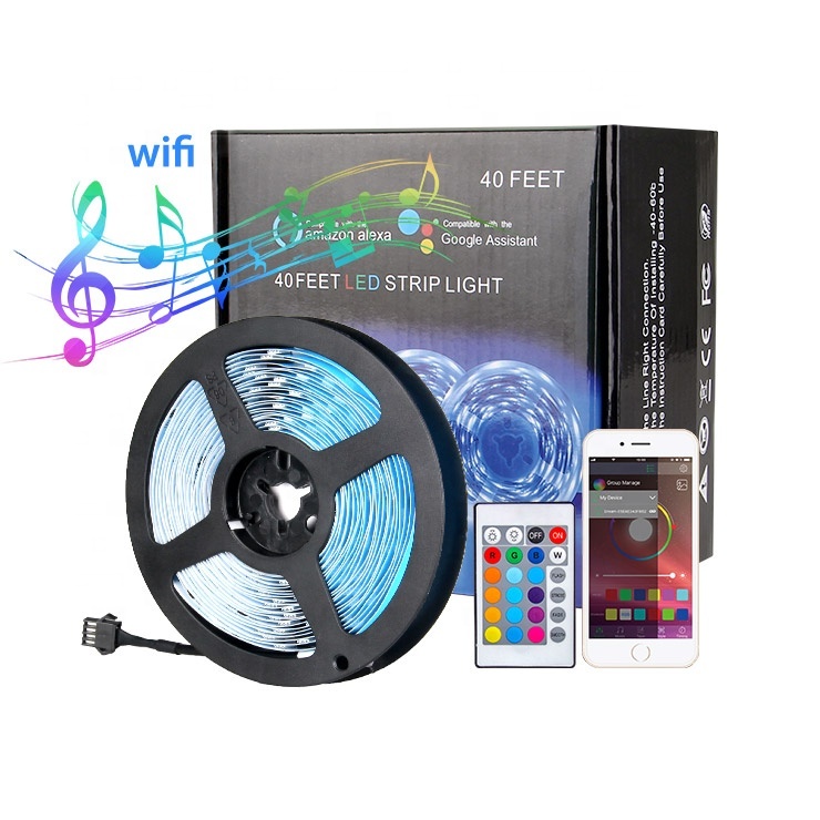 Смарт-управление CE FCC Wifi, Светодиодная лента 40 футов RGB для дома, 5050 меняющихся цветов, совместима с Alexa