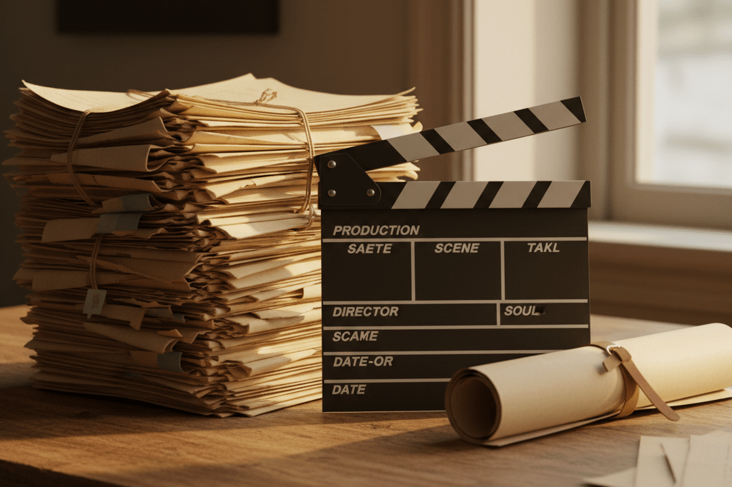 Wooden desk with vintage scripts and clapperboard bathed in warm sunlight, symbolizing long-term TV success