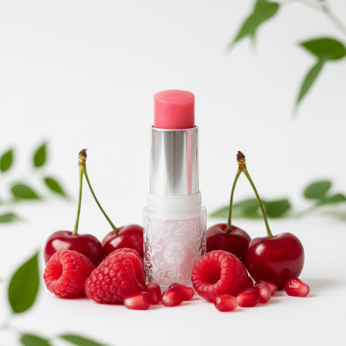 Open pink lip balm with fresh fruit, in recyclable casing on white background.