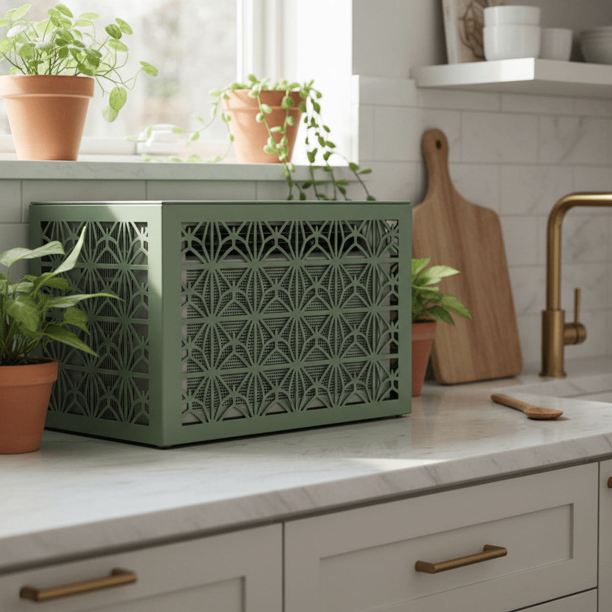 Modern kitchen AC unit with decorative sage green cover Sage green AC unit cover with Art Deco cutouts in a modern biophilic kitchen.