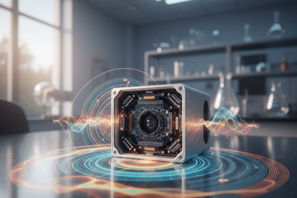 Detailed view of a futuristic imaging sensor surrounded by abstract atmospheric data visuals under natural and ambient light.