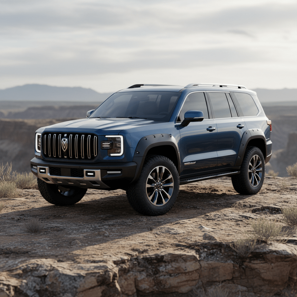 Bold metallic blue seven-seater SUV with rugged-luxe styling. Rugged-luxe seven-seater SUV with metallic blue paint and all-terrain tires.