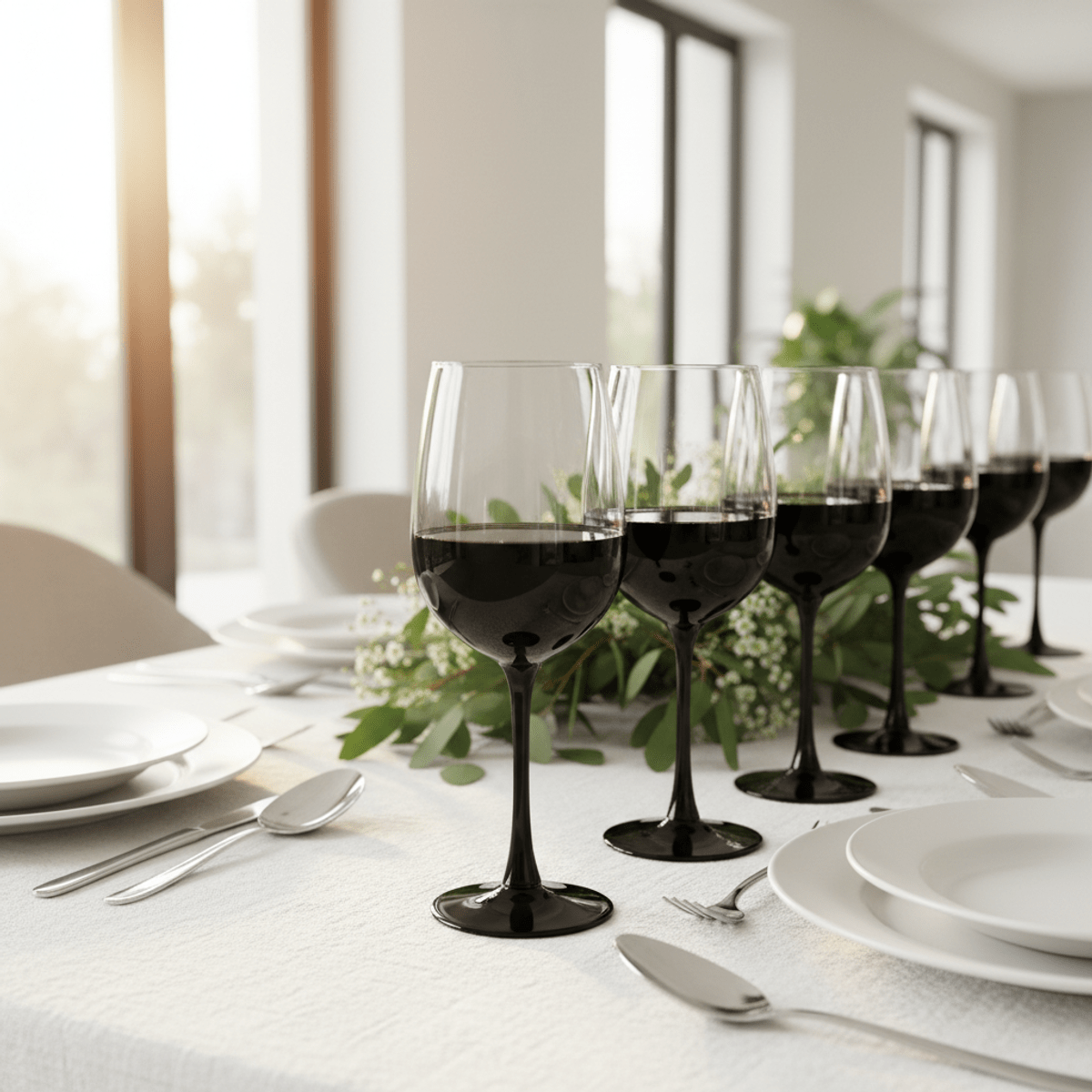 Smoked ombre wine glasses with black stems on a bright tablescape.