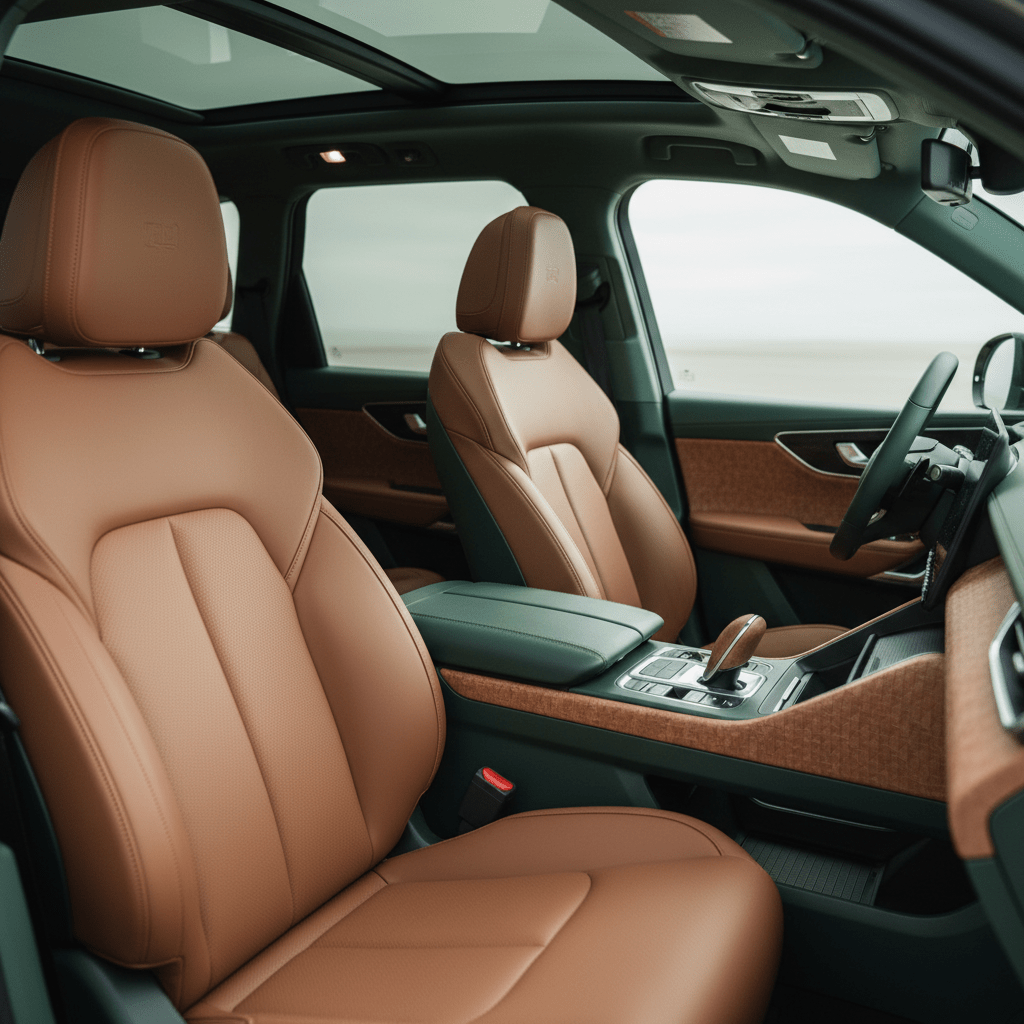 Luxurious SUV interior with mushroom mycelium and pineapple leaf leather textures.