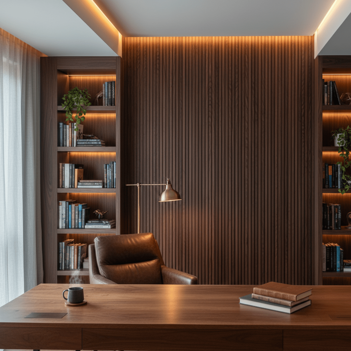 Dramatic walnut fluted wall paneling for a modern library Modern walnut wall paneling with vertical fluting offers a dramatic library backdrop.