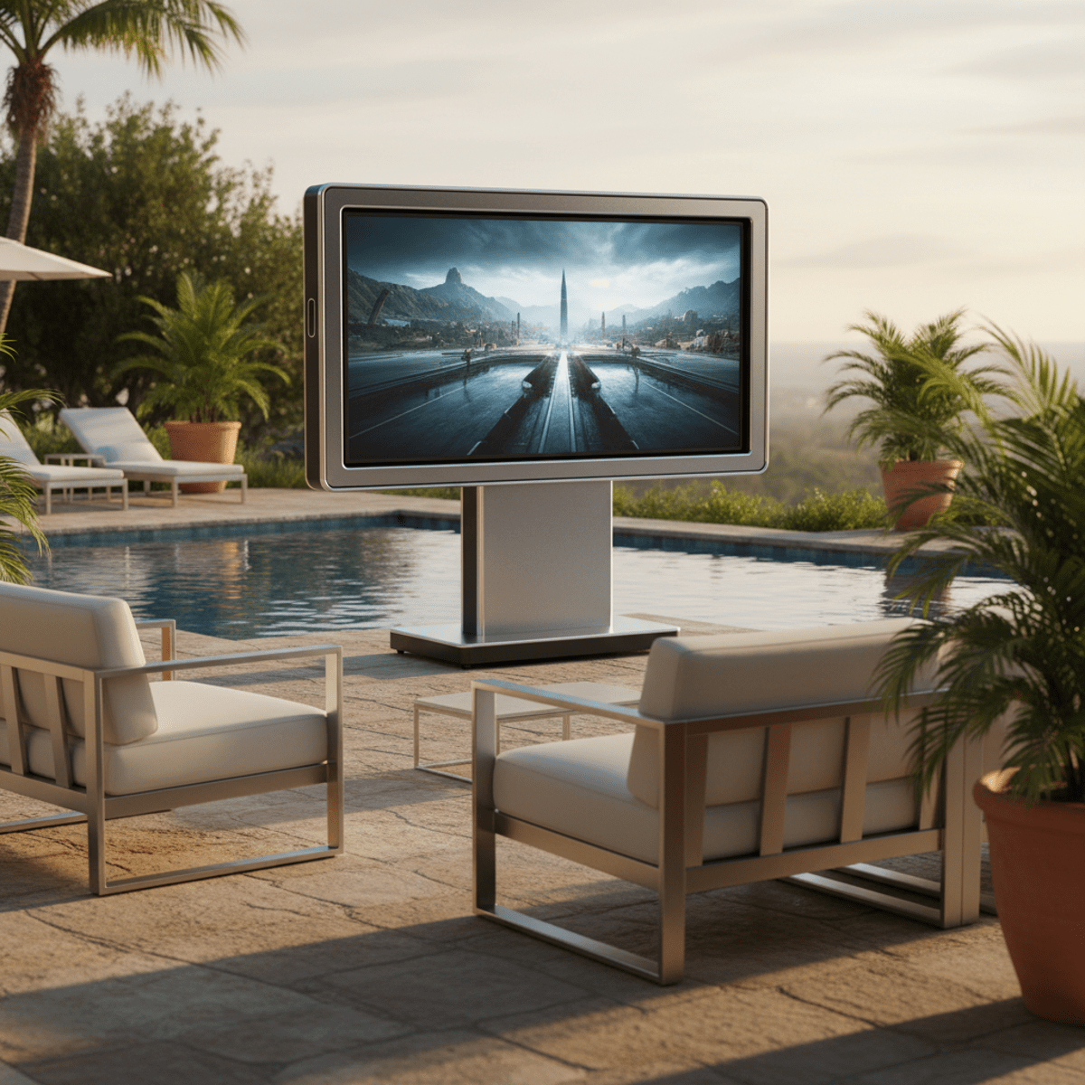 Luxurious outdoor patio with infinity pool, large TV, and modern lounge chairs.