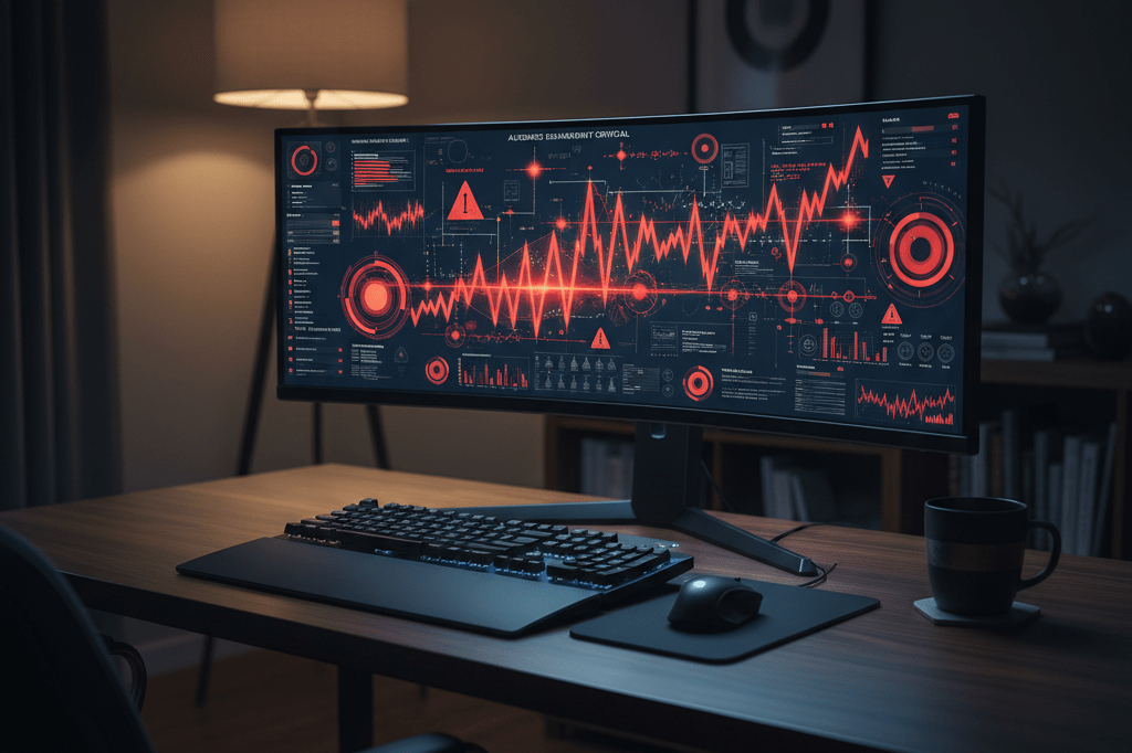 Office monitor showing abstract survival thriller analytics with rising graphs under warm ambient lighting