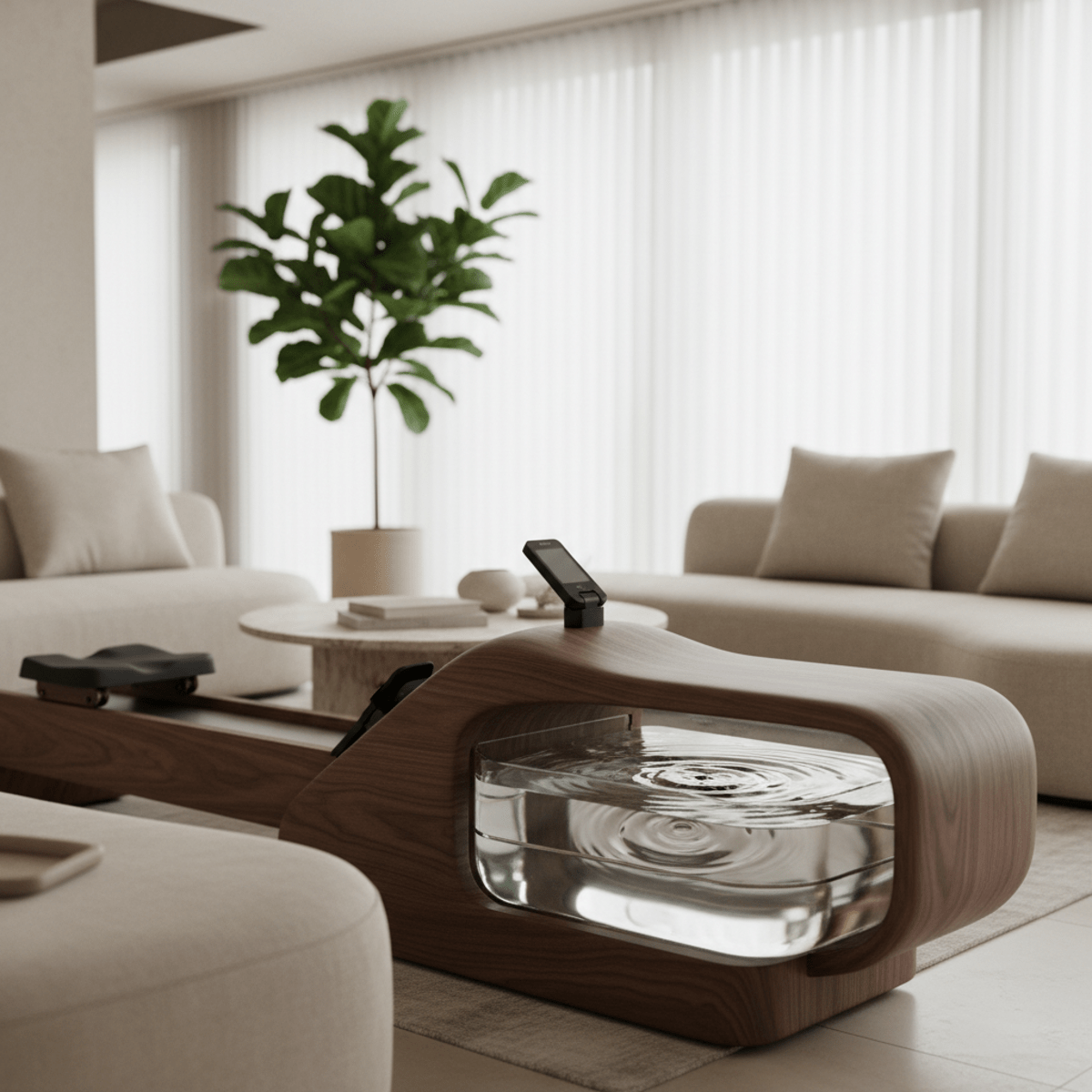 Sculptural walnut water rower with acrylic tank in a minimalist living room.