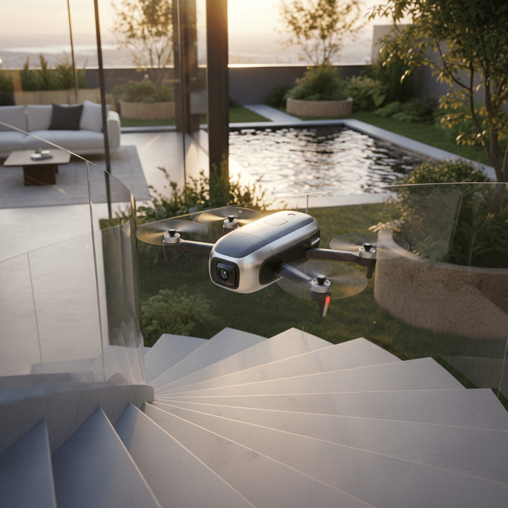 Futuristic mini drone flies from modern home to sunlit garden terrace.