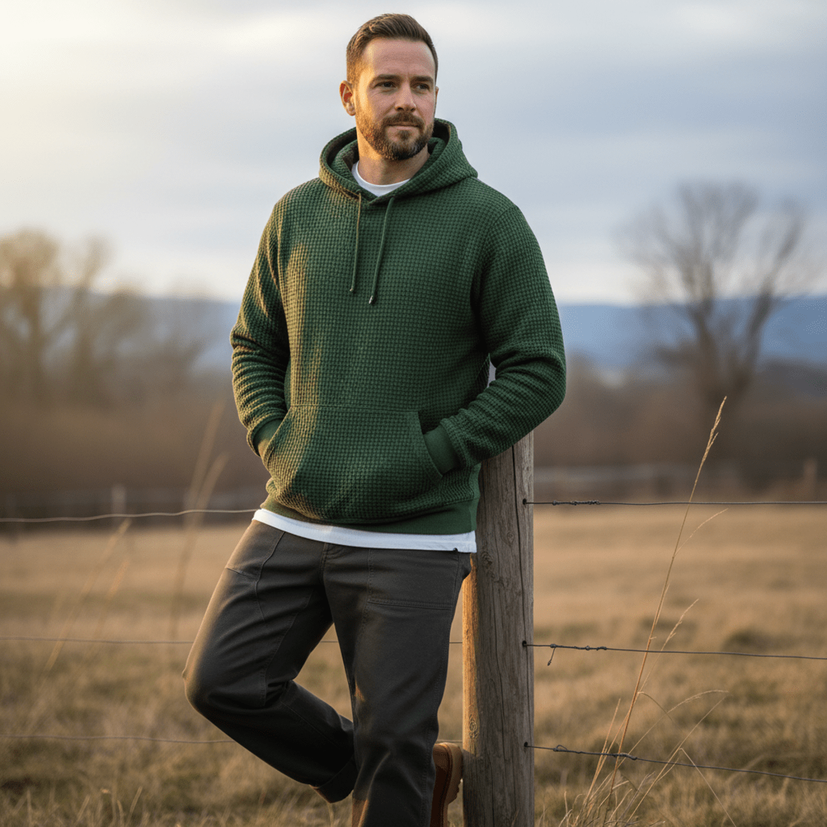 Male model in textured hunter green waffle-knit hoodie outdoors during golden hour.