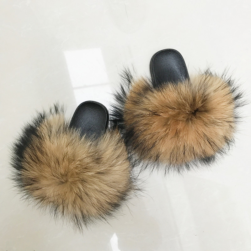 Шлепанцы женские из меха енота, открытый носок, натуральный Лисий мех, сланцы для мамы и меня