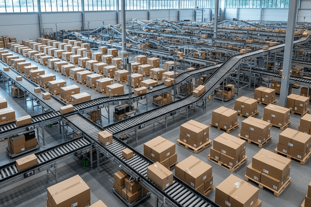 Interior of a modern logistics hub with organized pallets and conveyor systems under natural light, reflecting operational precision