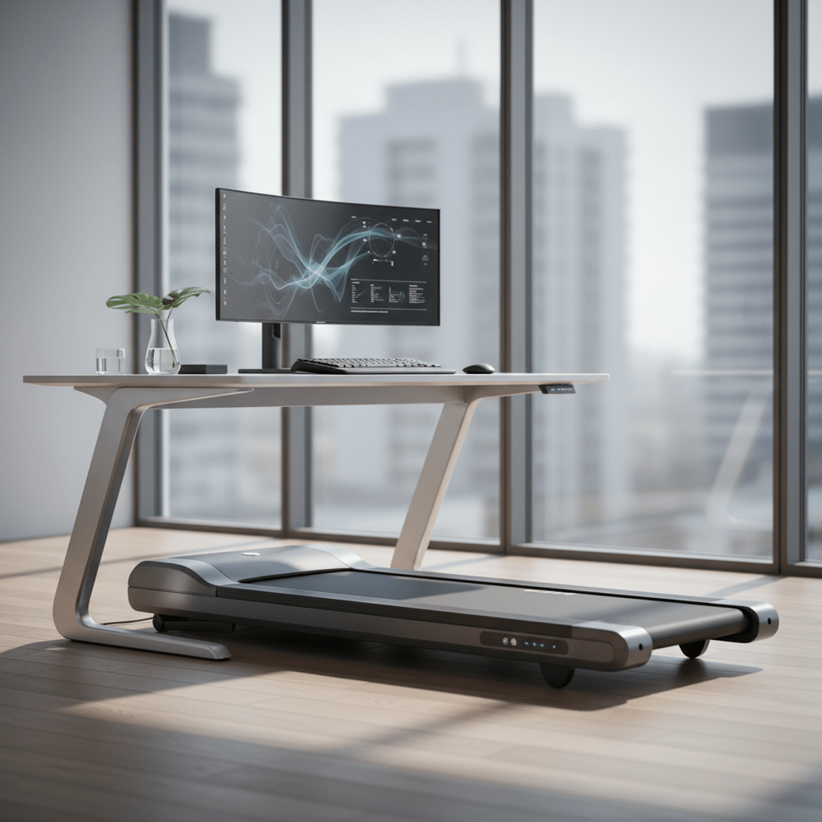 Ultra-slim smart treadmill under a modern standing desk in a futuristic office.