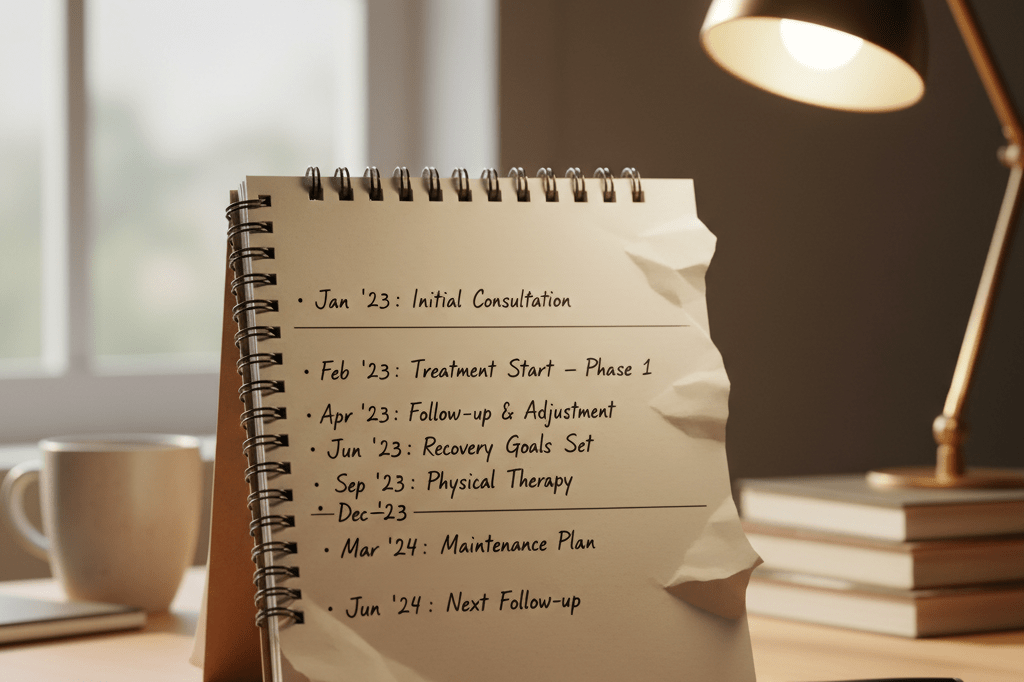 Close-up view of a notepad with generic medical timeline under warm natural lighting, symbolizing openness in crisis messaging