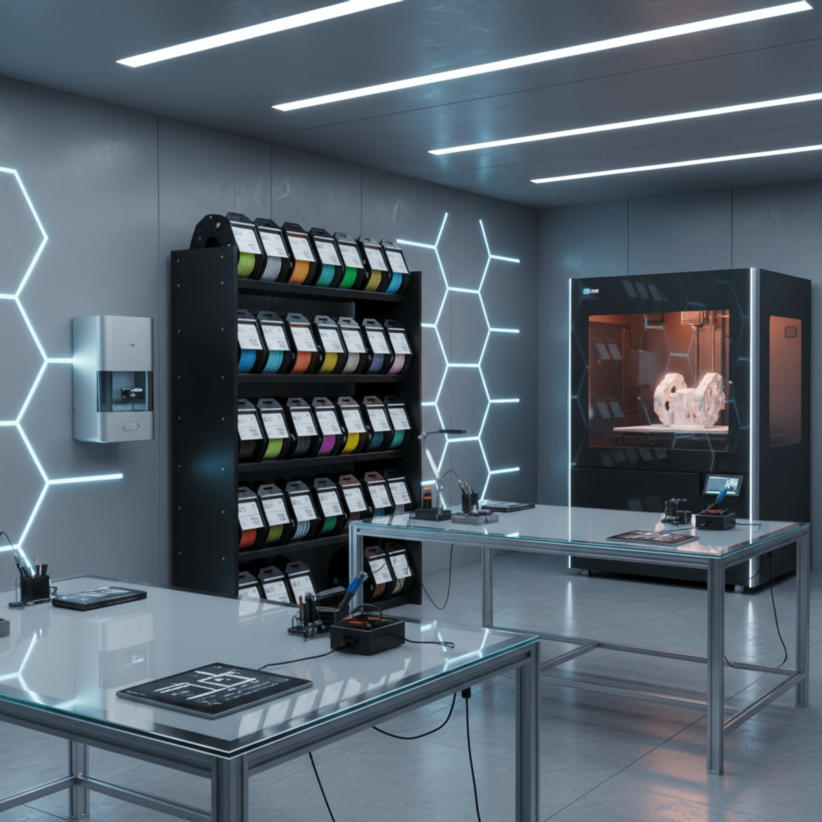 Futuristic basement workshop with smart humidifier, 3D printer, and industrial shelving.