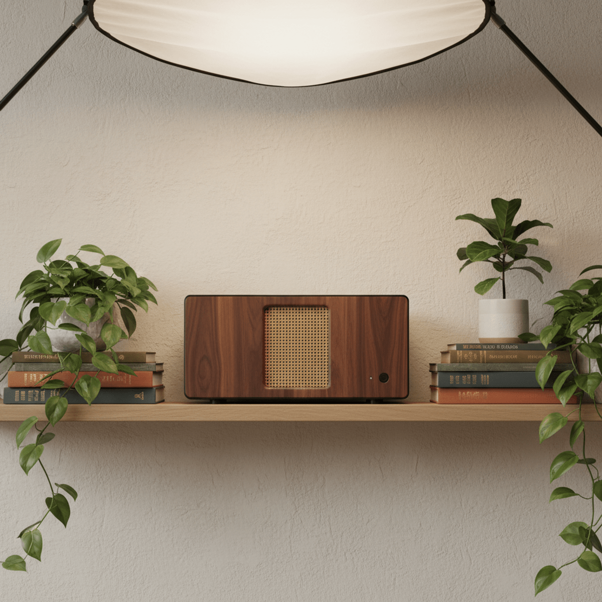 Modern home UPS with walnut accents on a minimalist bookshelf with plants.