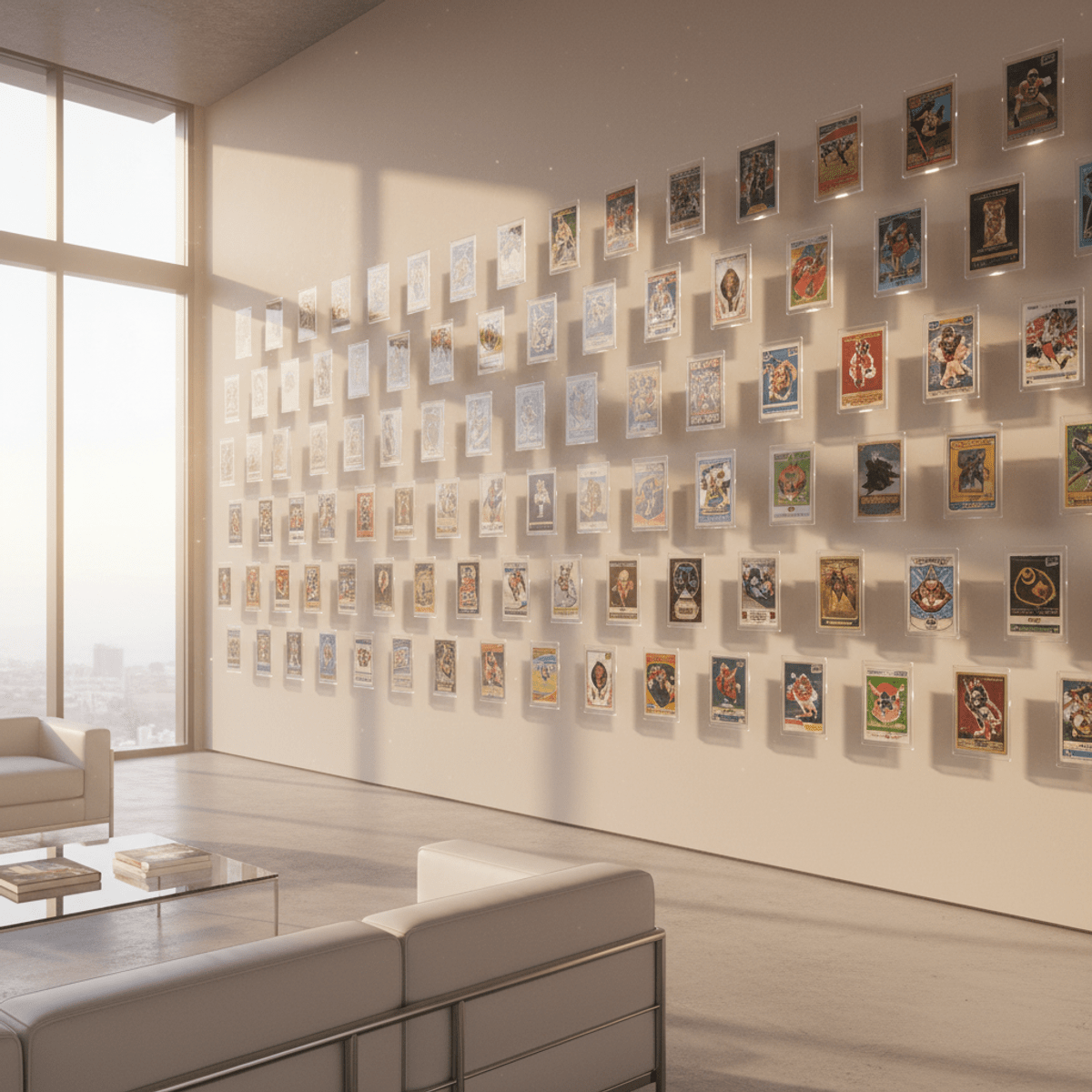 Museum-grade trading card display wall with vintage cards floating on mounts.