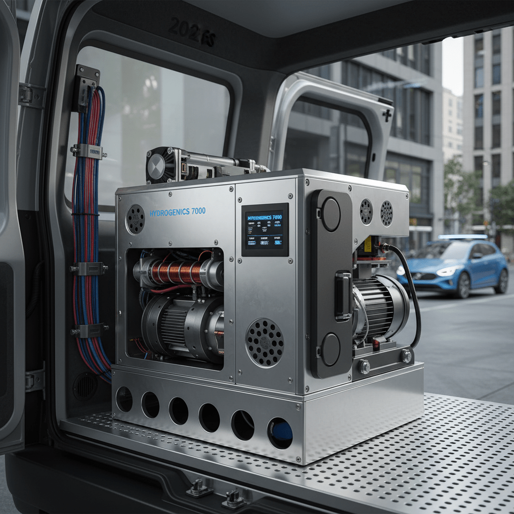 Modular carpet cleaner integrated into an electric van, city streets visible.