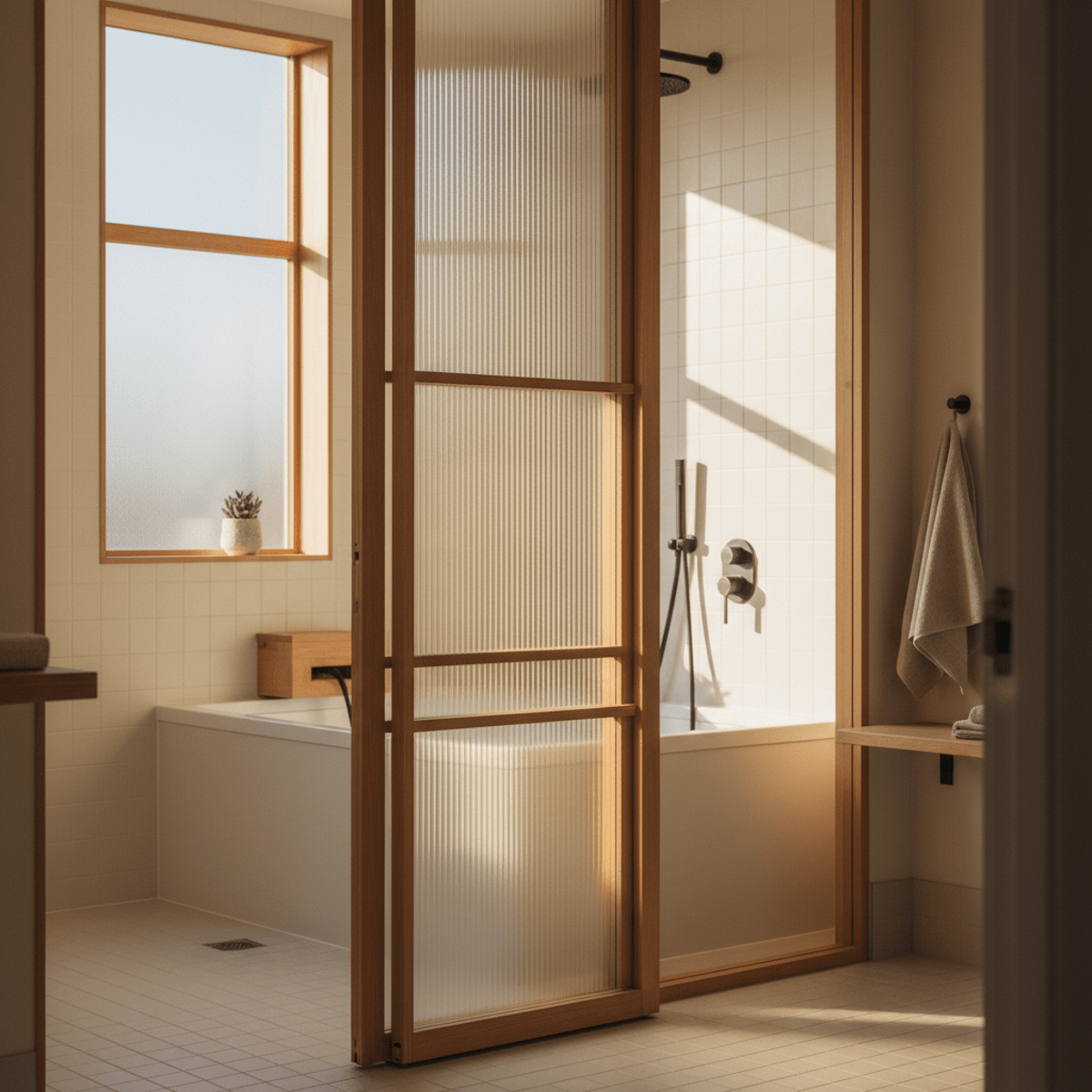 Small soaking tub behind reeded glass with warm wood and golden sunlight.