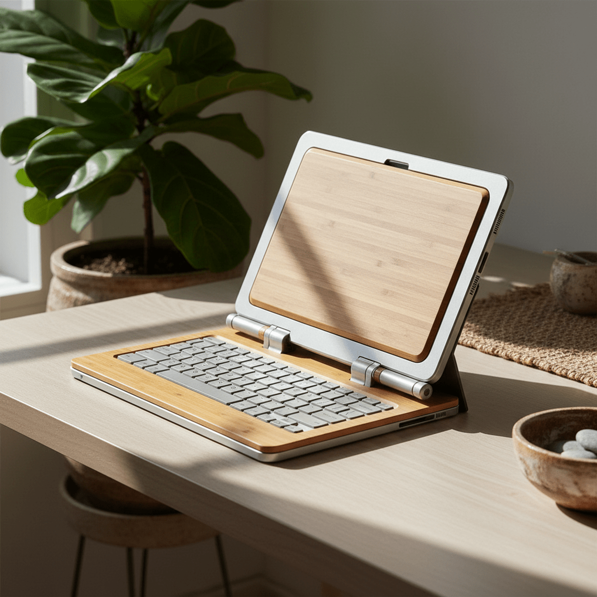 Tablet and keyboard combo with bamboo deck on a minimalist desk with plants.