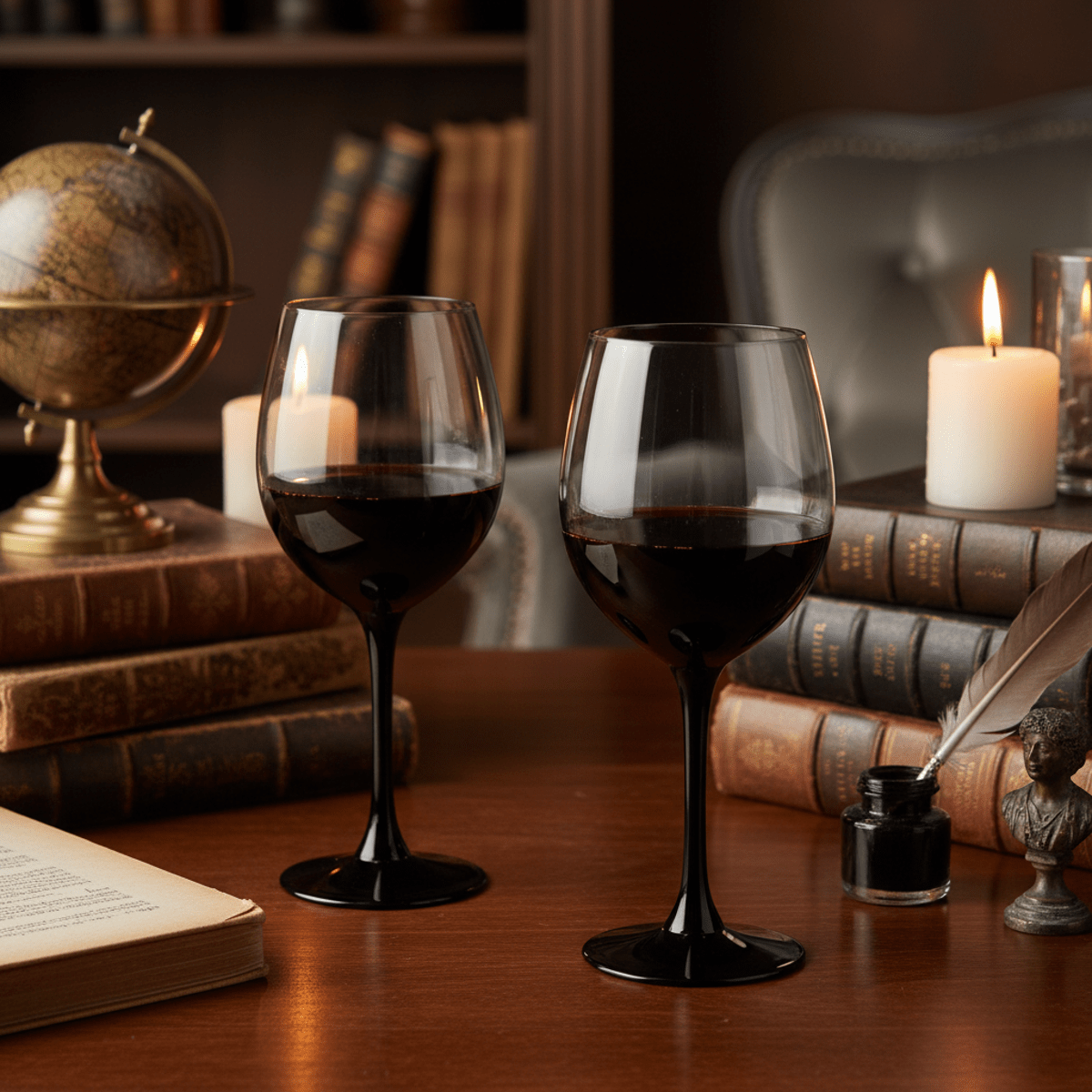 Smoked ombre black wine glasses with red wine on a dark wooden table.