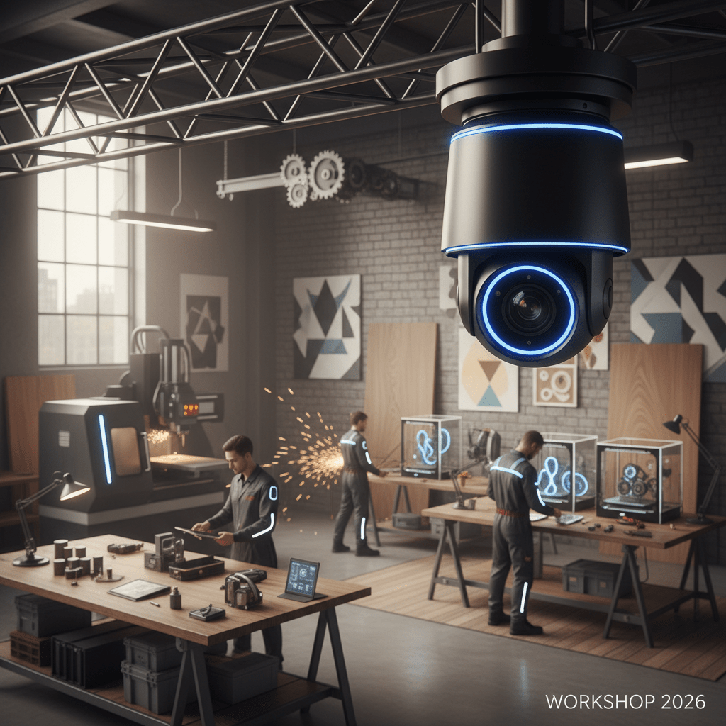 Security camera captures artisans using 3D printers and CNC machines in a modern workshop.