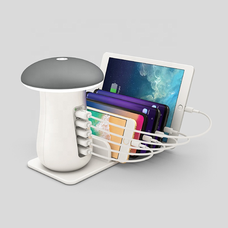 5-портовый USB QC3.0, быстрая зарядка, мобильный телефон зарядное устройство док-станция с грибом Светодиодная настольная лампа/прикроватная лампа для мобильного телефона и планшета
